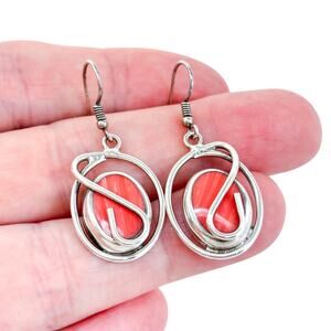 Vintage Mexico Sterling Silver 925 Spiny Red Oyster Swirl Dangle Earrings